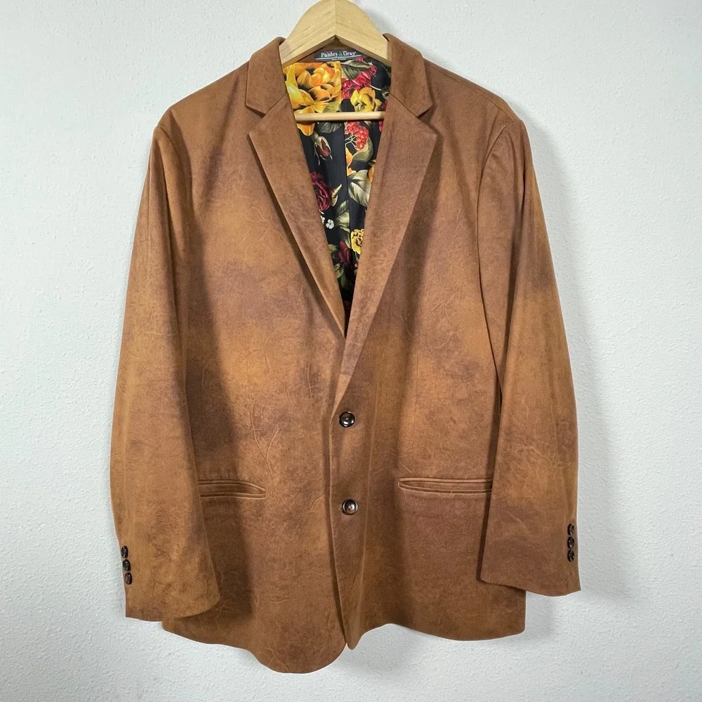Paisley & Gray Mens XXL Brown Faux Suede Slim Fit Blazer Floral Lining Excellent